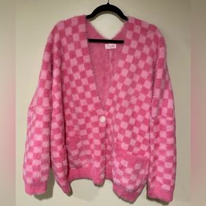 Checkered Pink Eyelash Cardigan